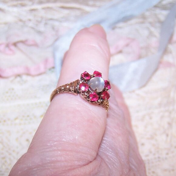 Antique Victorian 14K Gold Moonstone Pink Quartz Engagement Ring - Size 5 - Picture 8 of 12